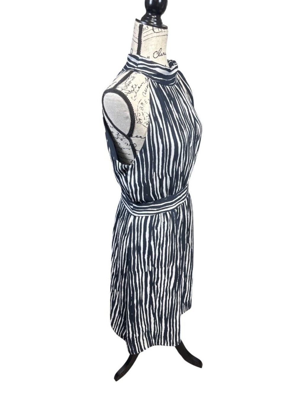 Striped Halter Tie Neck Dress With Belted Waist - Black & White - Size S - New W - Picture 5 of 10